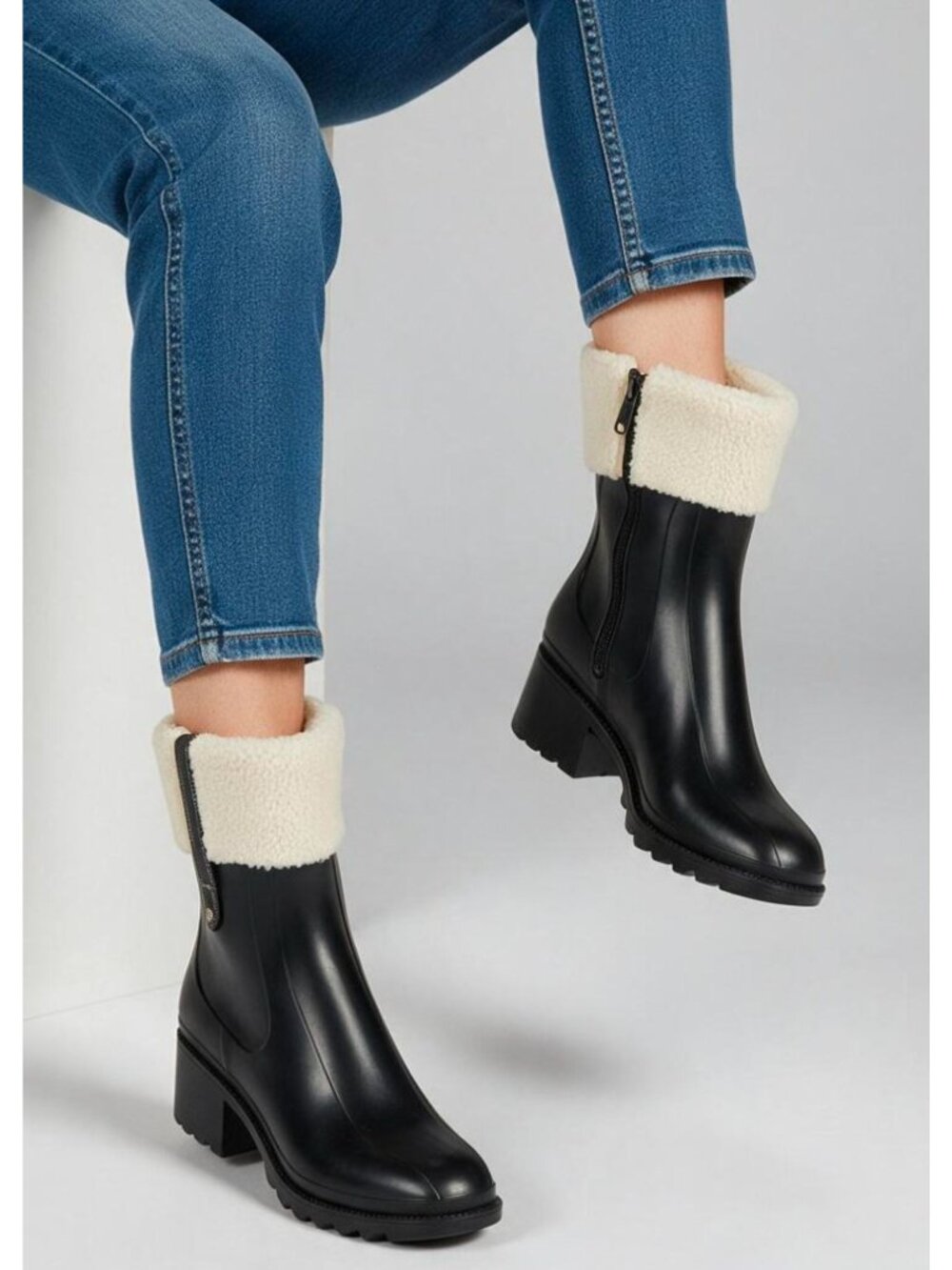 Black Faux Leather Ankle Boots With Shearling Trim & Side Zippers For Women